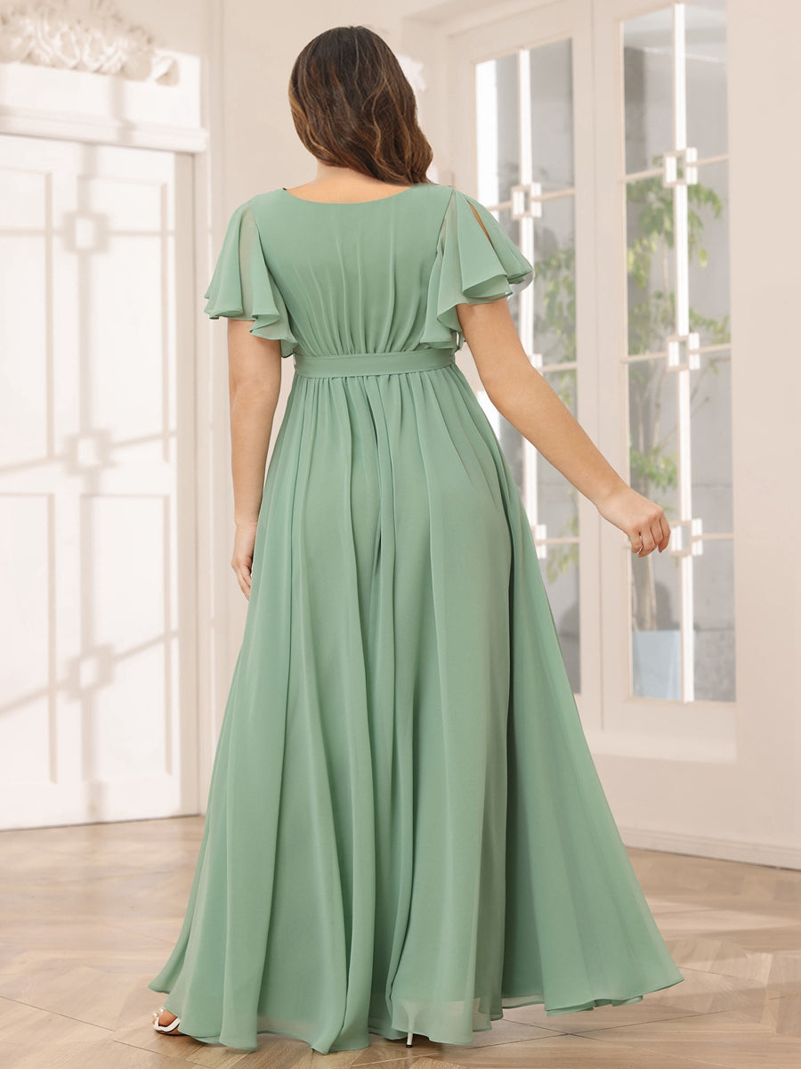 A-Line/Princess V-Neck Short Sleeves Long Plus Size Bridesmaid Dresses with Sash - Image 2