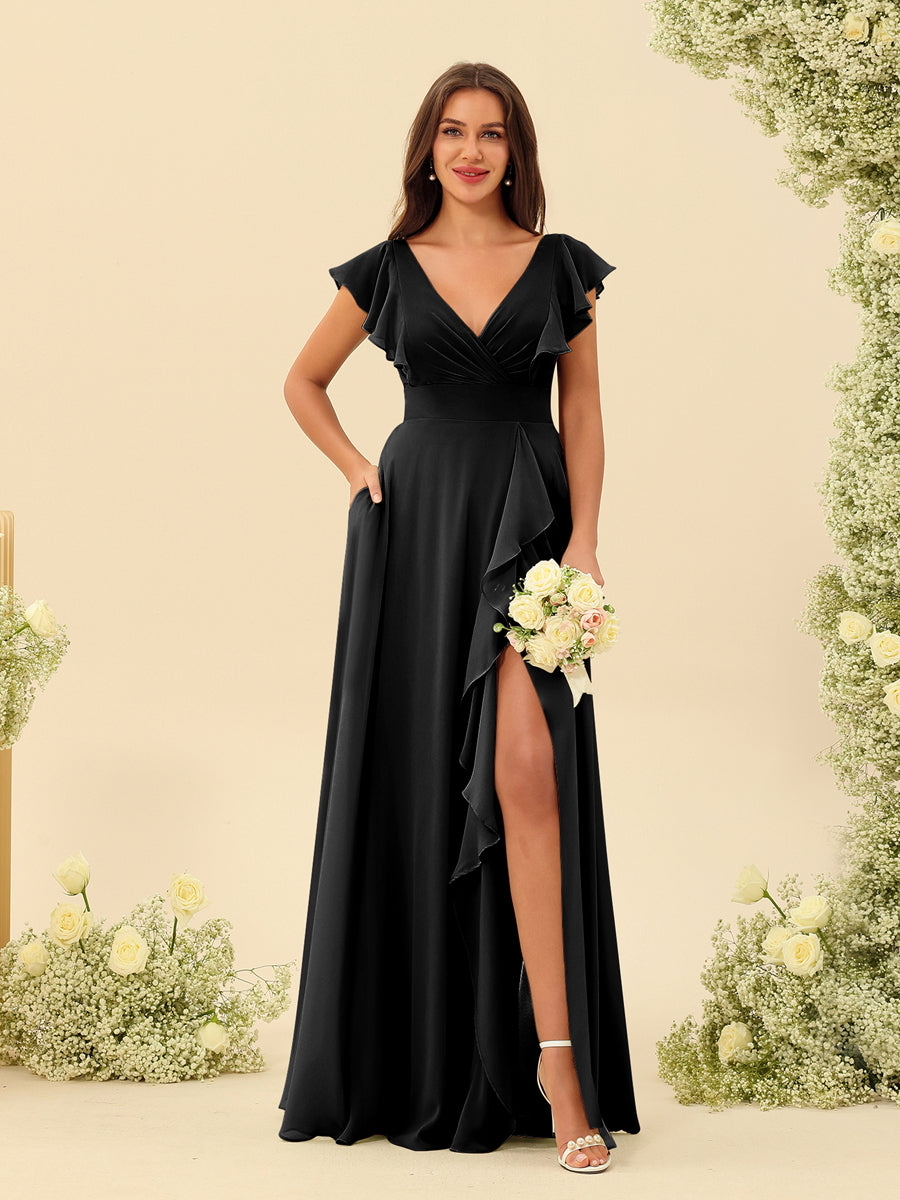 A-Line/Princess V-Neck Long Bridesmaid Dresses with Ruffles - Image 17