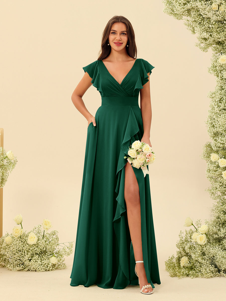 A-Line/Princess V-Neck Long Bridesmaid Dresses with Ruffles - Image 10
