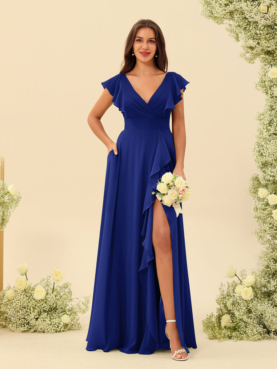 A-Line/Princess V-Neck Long Bridesmaid Dresses with Ruffles - Image 55