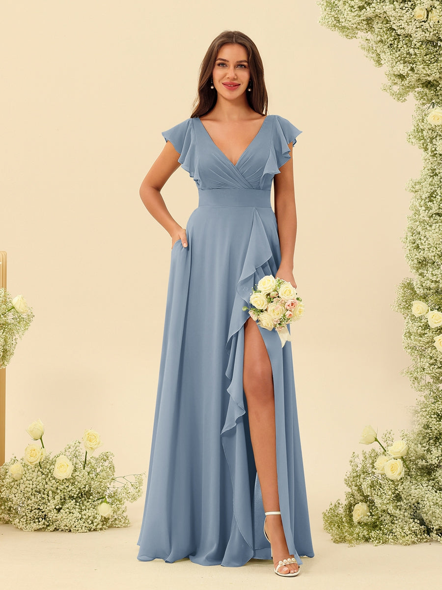 A-Line/Princess V-Neck Long Bridesmaid Dresses with Ruffles - Image 8