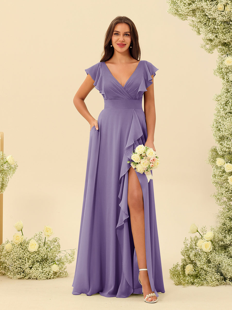 A-Line/Princess V-Neck Long Bridesmaid Dresses with Ruffles - Image 39