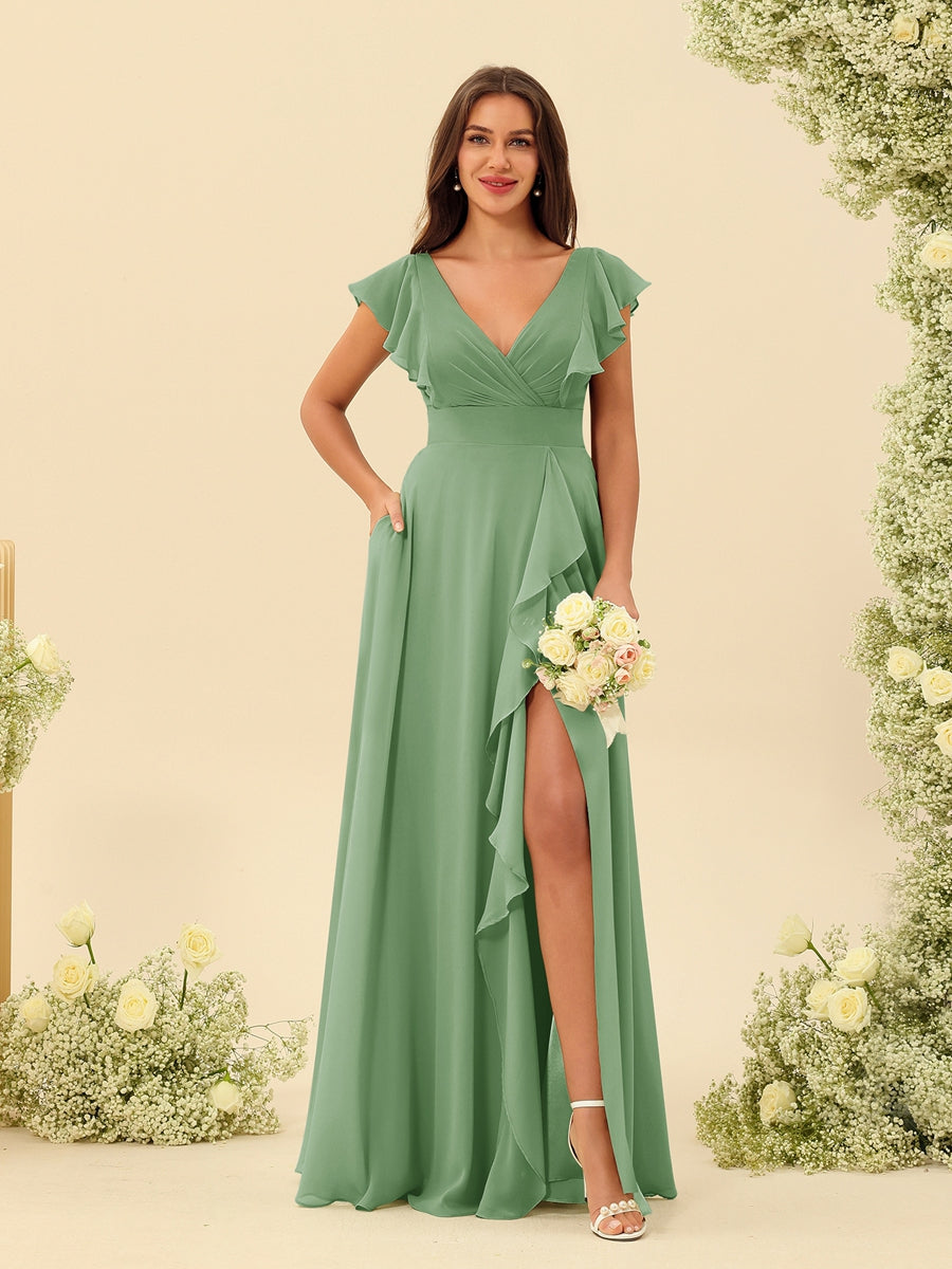 A-Line/Princess V-Neck Long Bridesmaid Dresses with Ruffles - Image 15
