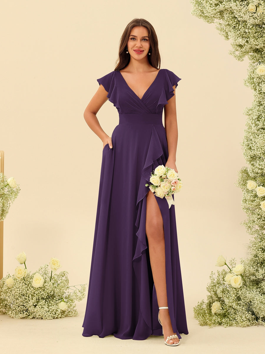 A-Line/Princess V-Neck Long Bridesmaid Dresses with Ruffles - Image 44