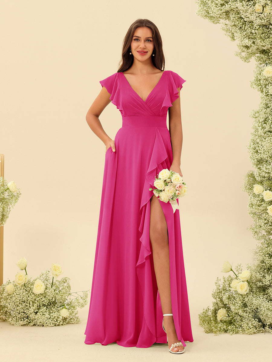 A-Line/Princess V-Neck Long Bridesmaid Dresses with Ruffles - Image 32