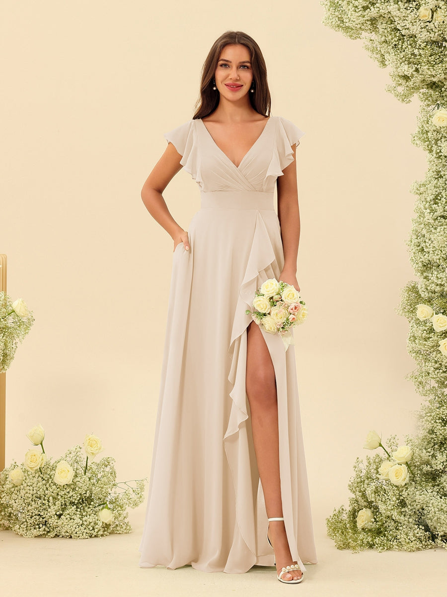 A-Line/Princess V-Neck Long Bridesmaid Dresses with Ruffles - Image 22