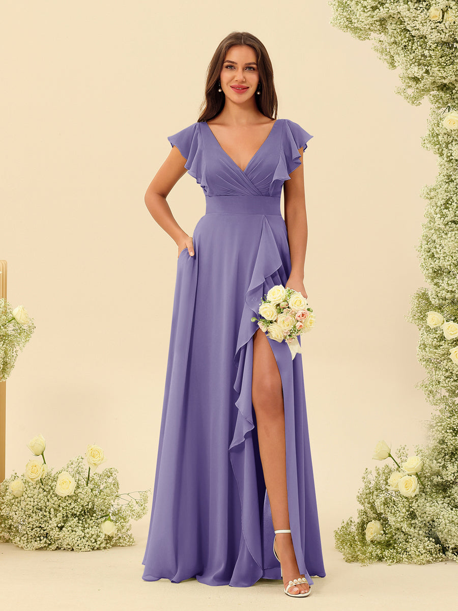 A-Line/Princess V-Neck Long Bridesmaid Dresses with Ruffles - Image 40