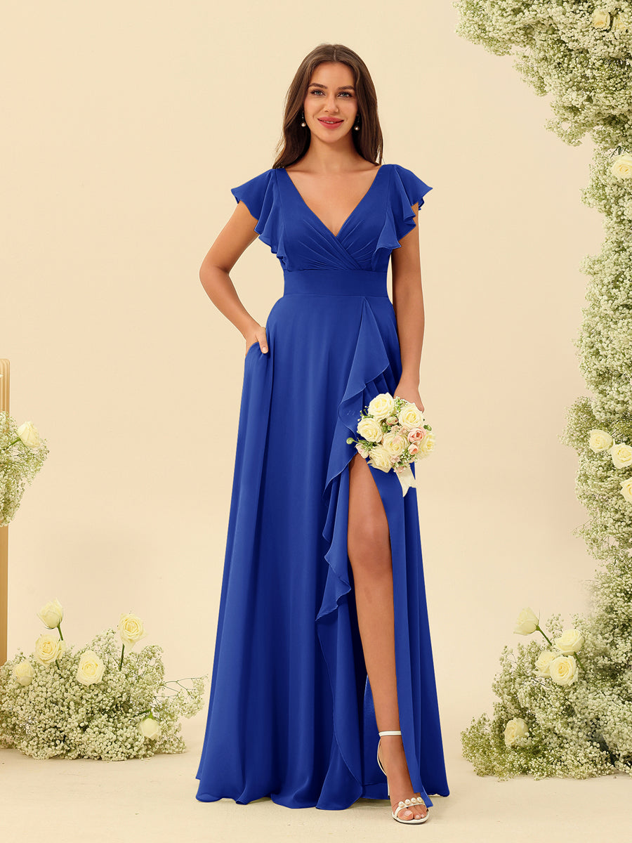 A-Line/Princess V-Neck Long Bridesmaid Dresses with Ruffles - Image 53