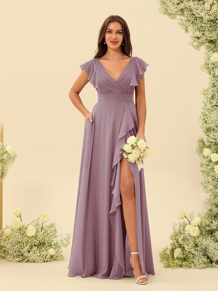 A-Line/Princess V-Neck Long Bridesmaid Dresses with Ruffles - Image 30
