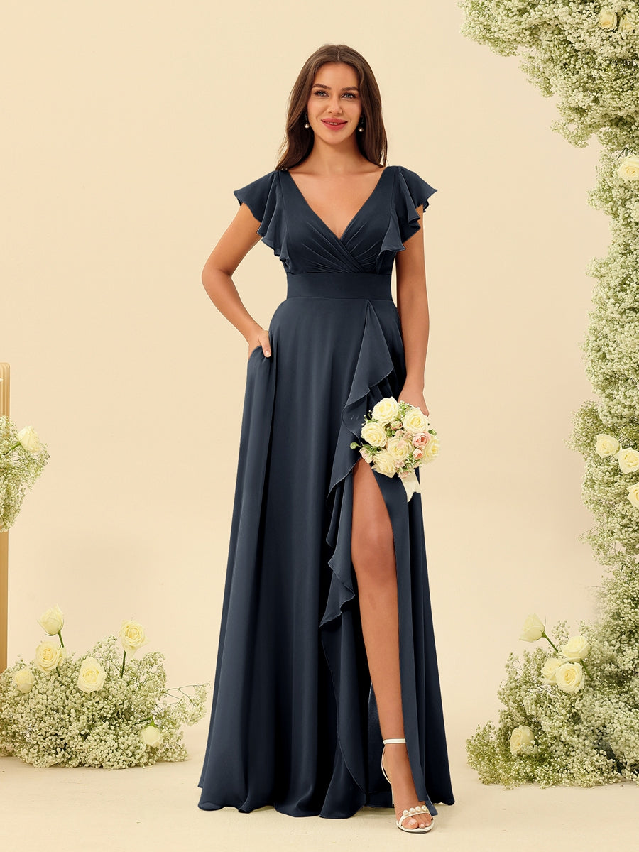 A-Line/Princess V-Neck Long Bridesmaid Dresses with Ruffles - Image 58
