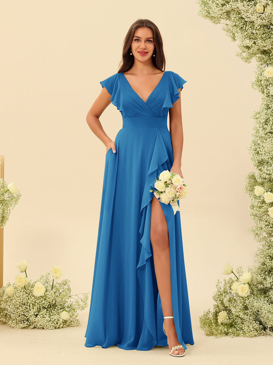 A-Line/Princess V-Neck Long Bridesmaid Dresses with Ruffles - Image 52