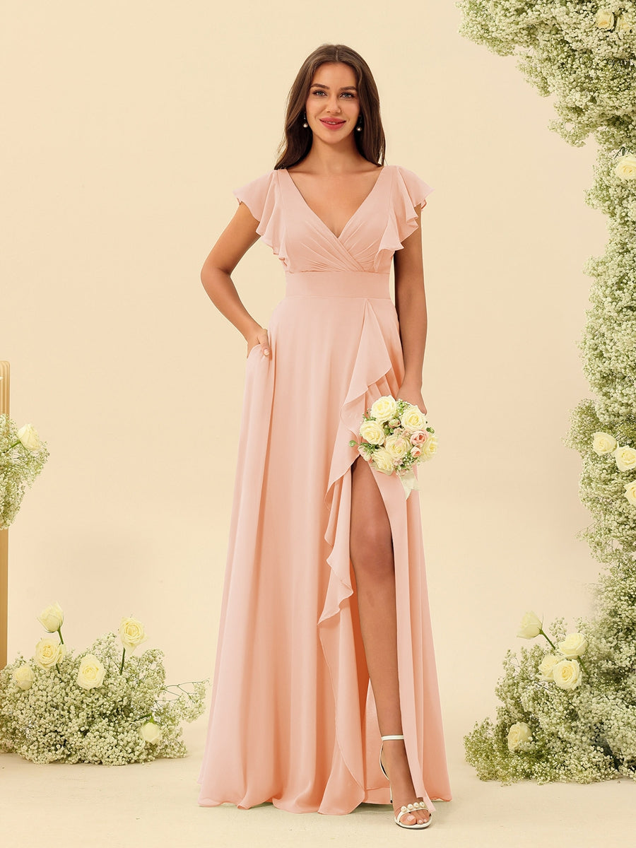 A-Line/Princess V-Neck Long Bridesmaid Dresses with Ruffles - Image 28