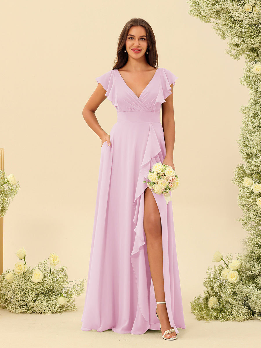 A-Line/Princess V-Neck Long Bridesmaid Dresses with Ruffles - Image 24