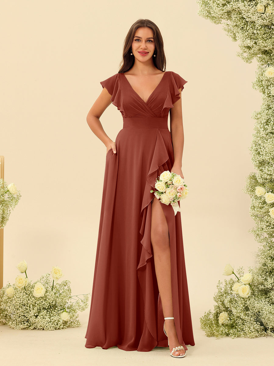A-Line/Princess V-Neck Long Bridesmaid Dresses with Ruffles - Image 12