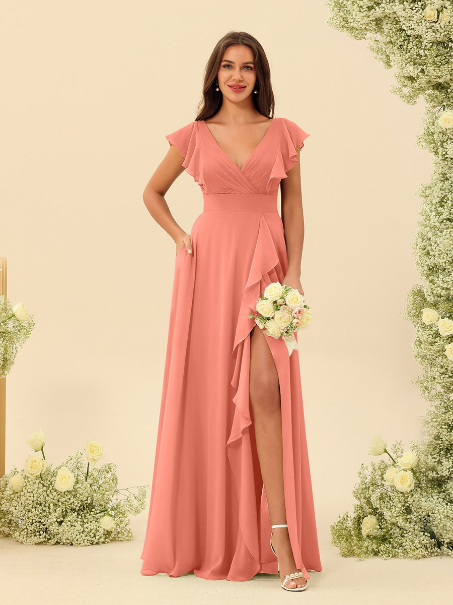 A-Line/Princess V-Neck Long Bridesmaid Dresses with Ruffles - Image 14