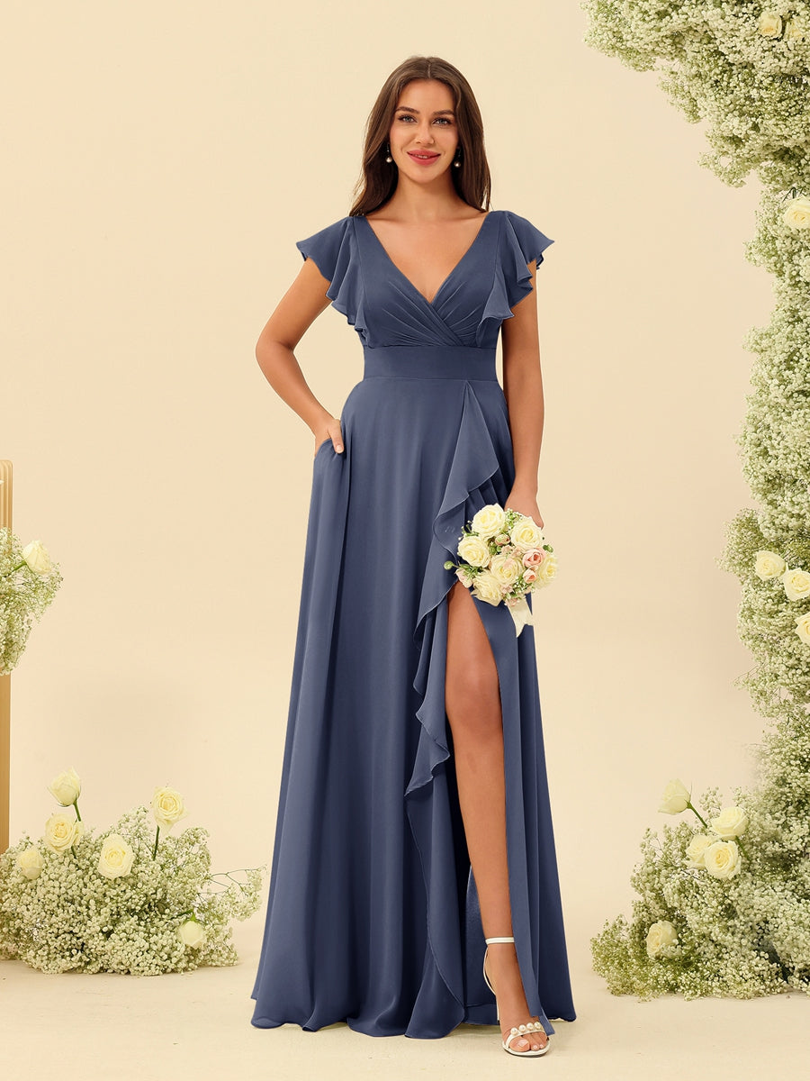 A-Line/Princess V-Neck Long Bridesmaid Dresses with Ruffles - Image 56