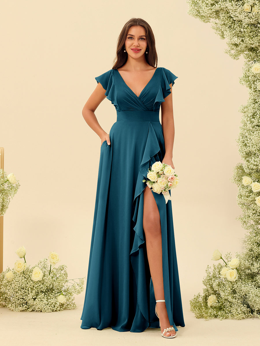 A-Line/Princess V-Neck Long Bridesmaid Dresses with Ruffles - Image 57