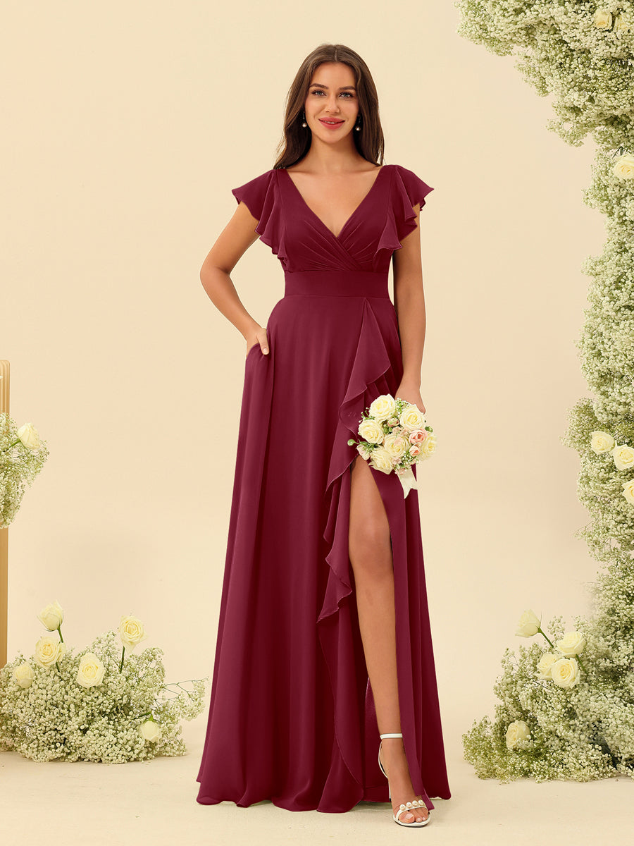 A-Line/Princess V-Neck Long Bridesmaid Dresses with Ruffles - Image 37