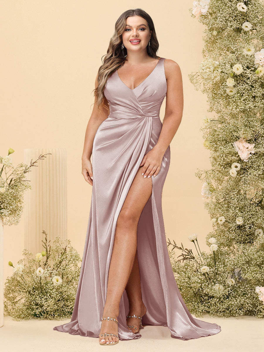Sheath/Column V-Neck Long Formal Plus Size Dresses with Split Side & Ruched - Image 12