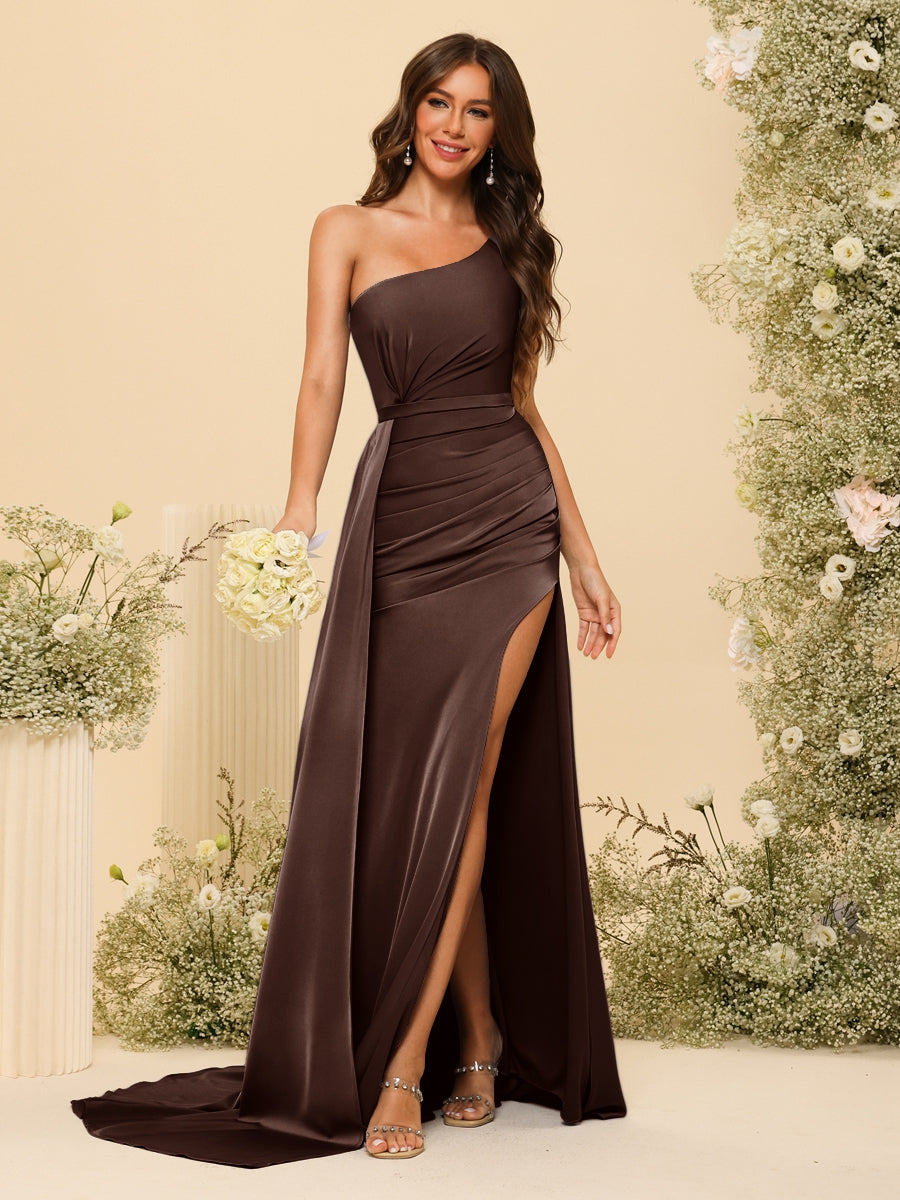 Sheath/Column One-Shoulder Long Formal Dresses with Split Side & Ruched - 画像 (69)