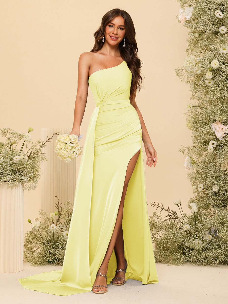 Sheath/Column One-Shoulder Long Formal Dresses with Split Side & Ruched - 画像 (62)