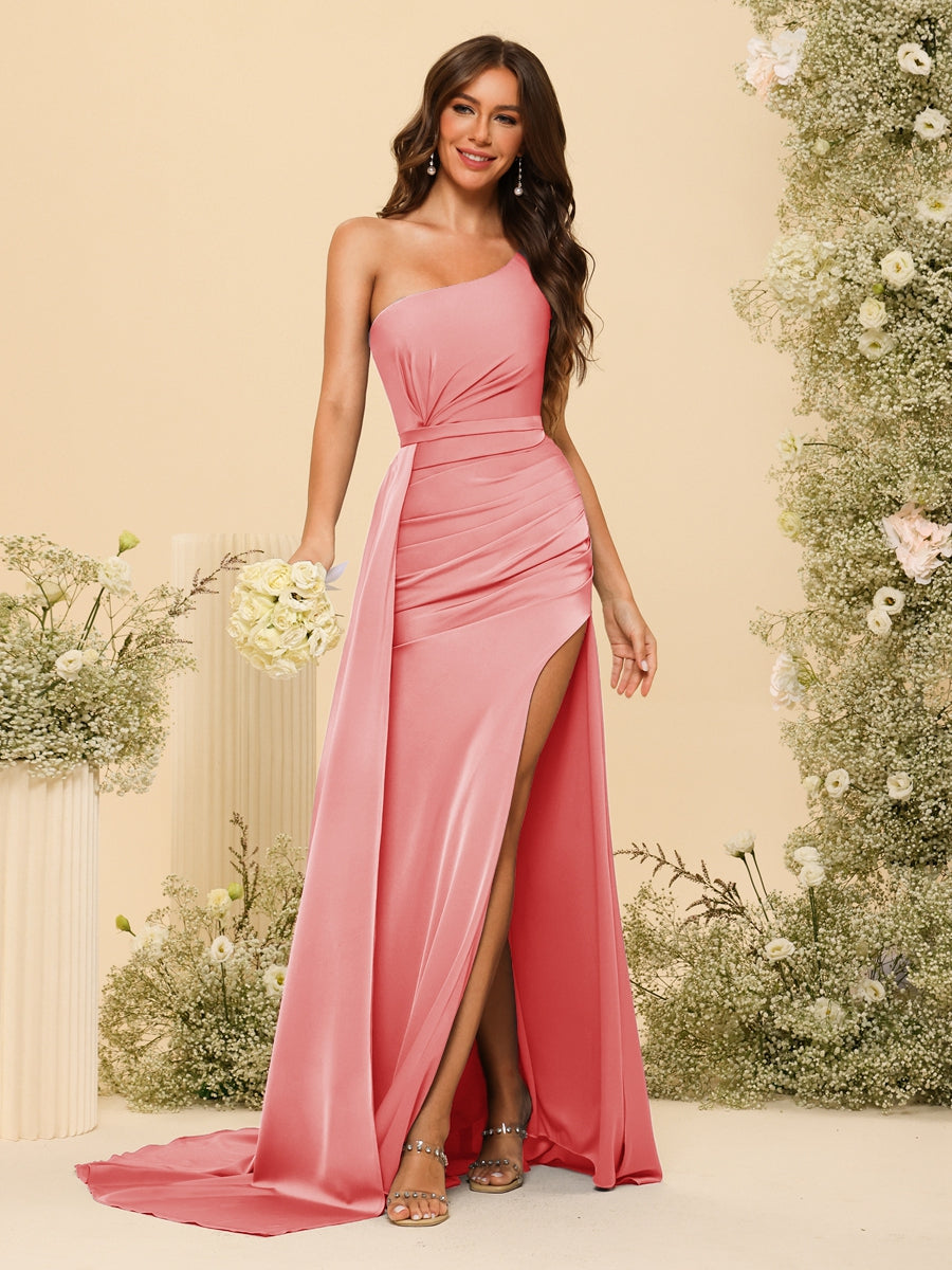 Sheath/Column One-Shoulder Long Formal Dresses with Split Side & Ruched - 画像 (33)