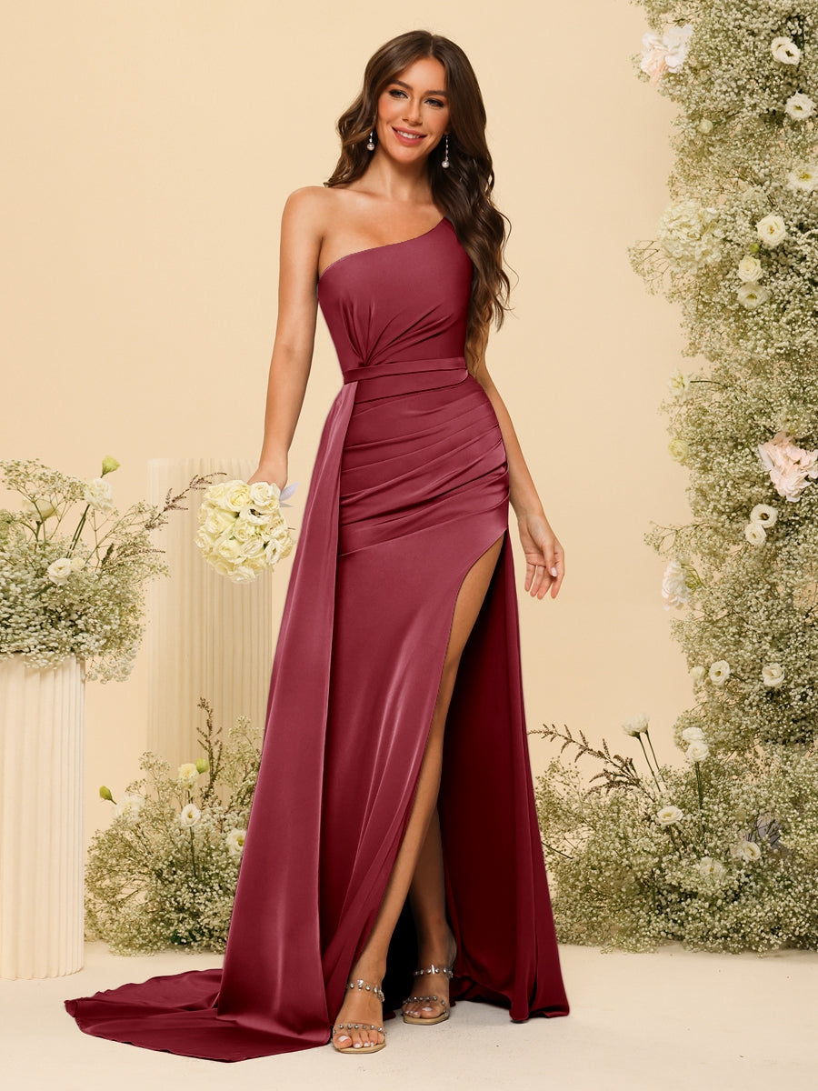 Sheath/Column One-Shoulder Long Formal Dresses with Split Side & Ruched - 画像 (38)