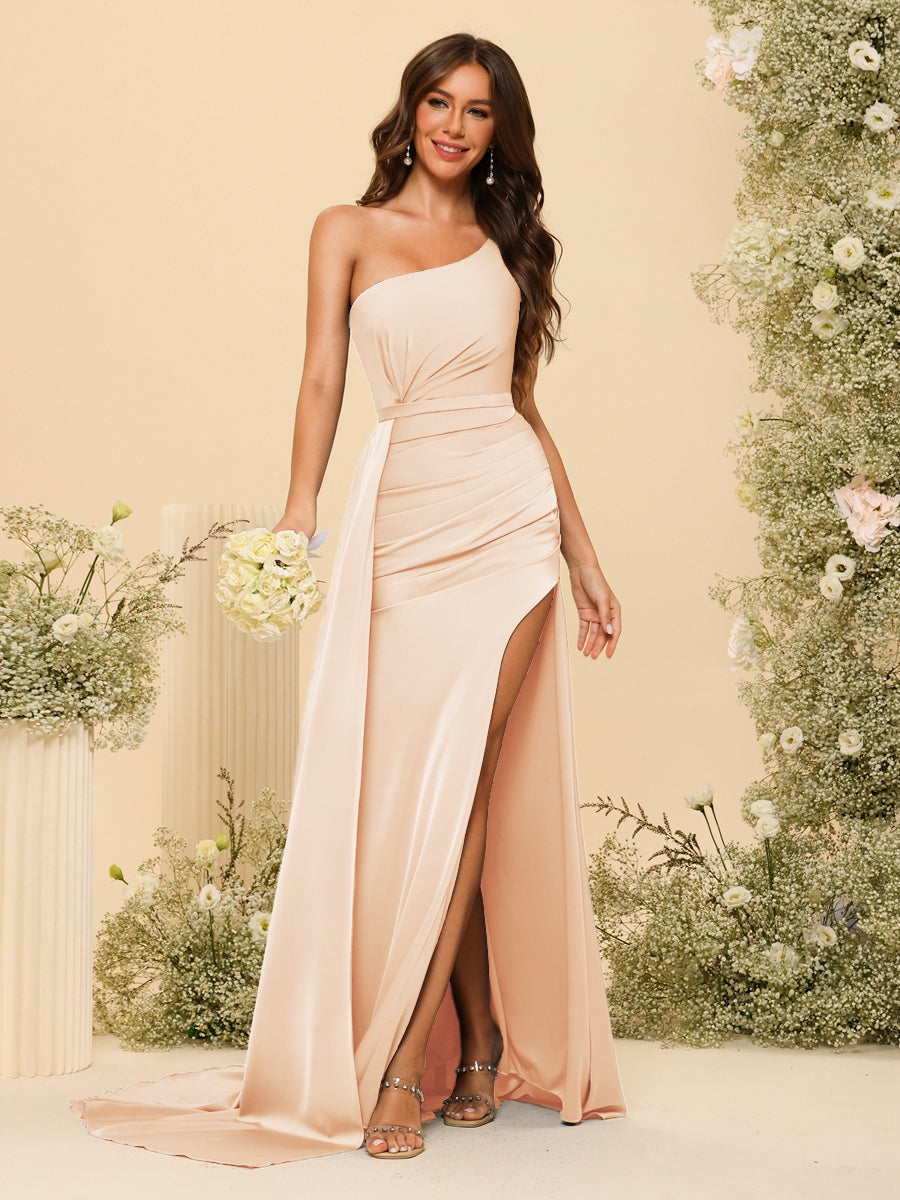 Sheath/Column One-Shoulder Long Formal Dresses with Split Side & Ruched - 画像 (29)