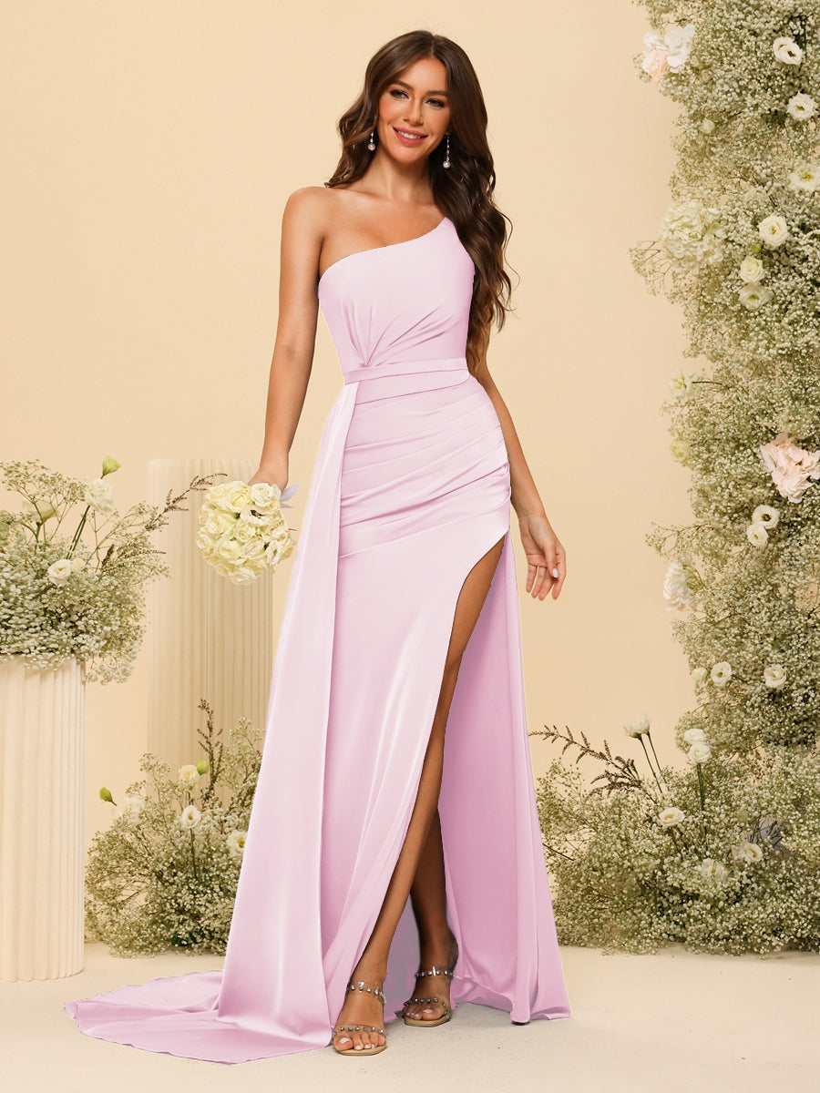 Sheath/Column One-Shoulder Long Formal Dresses with Split Side & Ruched - 画像 (26)