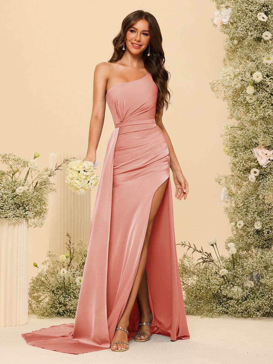 Sheath/Column One-Shoulder Long Formal Dresses with Split Side & Ruched - 画像 (32)