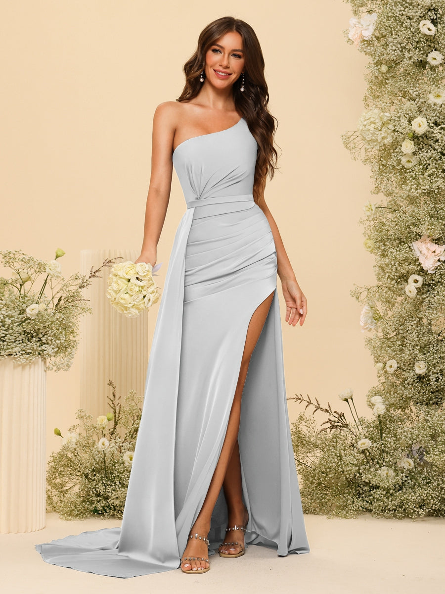 Sheath/Column One-Shoulder Long Formal Dresses with Split Side & Ruched - 画像 (22)