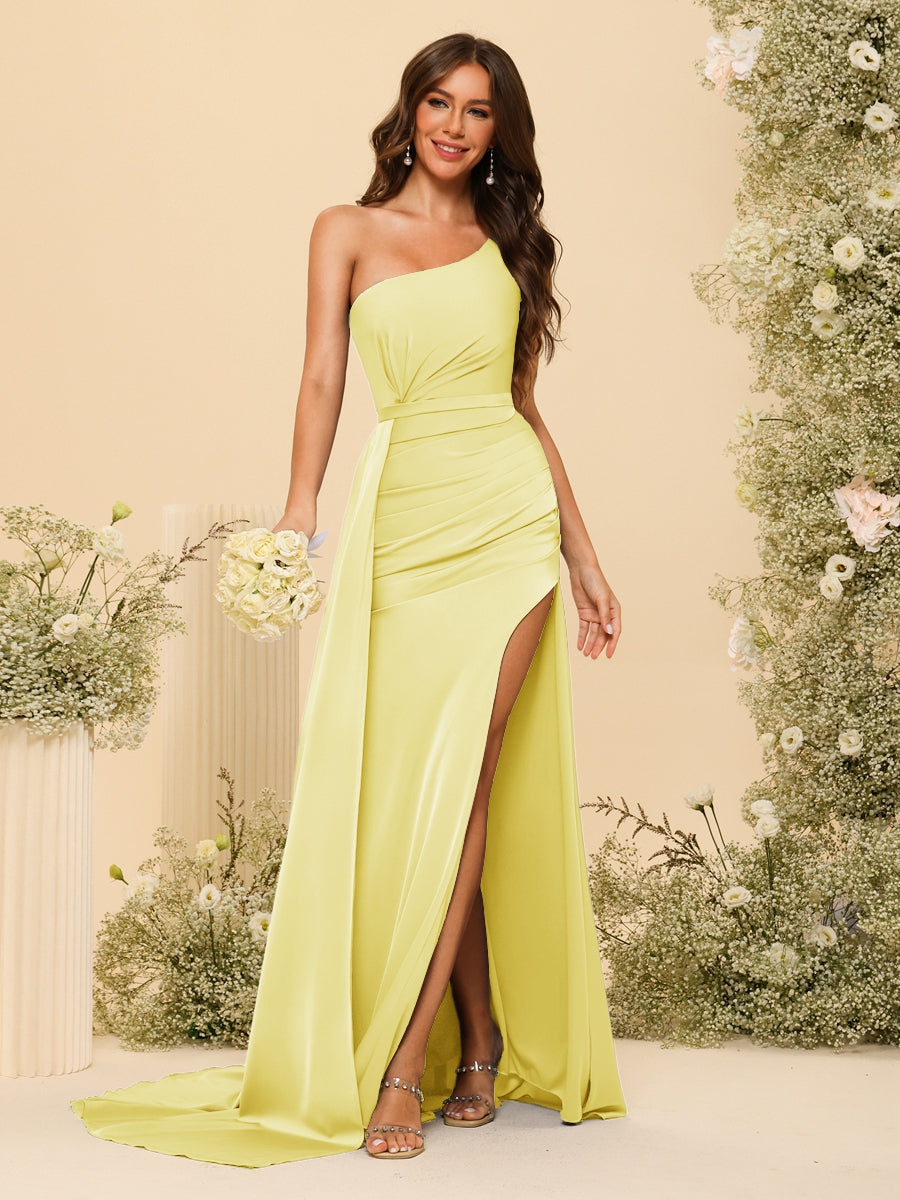 Sheath/Column One-Shoulder Long Formal Dresses with Split Side & Ruched - 画像 (61)