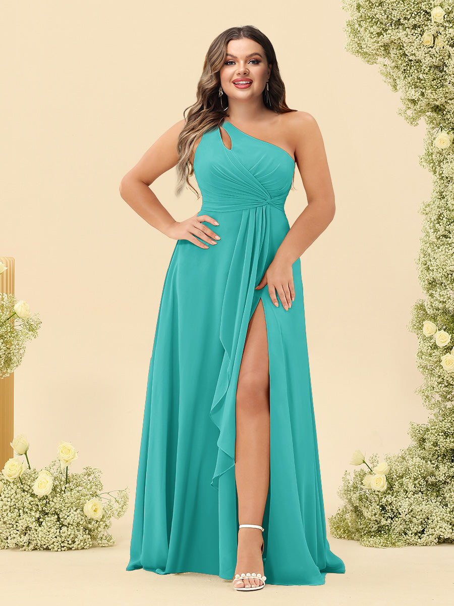 A-Line/Princess One-Shoulder Long Bridesmaid Plus Size Dresses with Split Side - Image 67