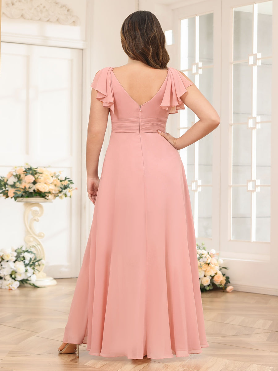 A-Line/Princess V-Neck Long Plus Size Wedding Party Dresses with Ruffles - Image 2