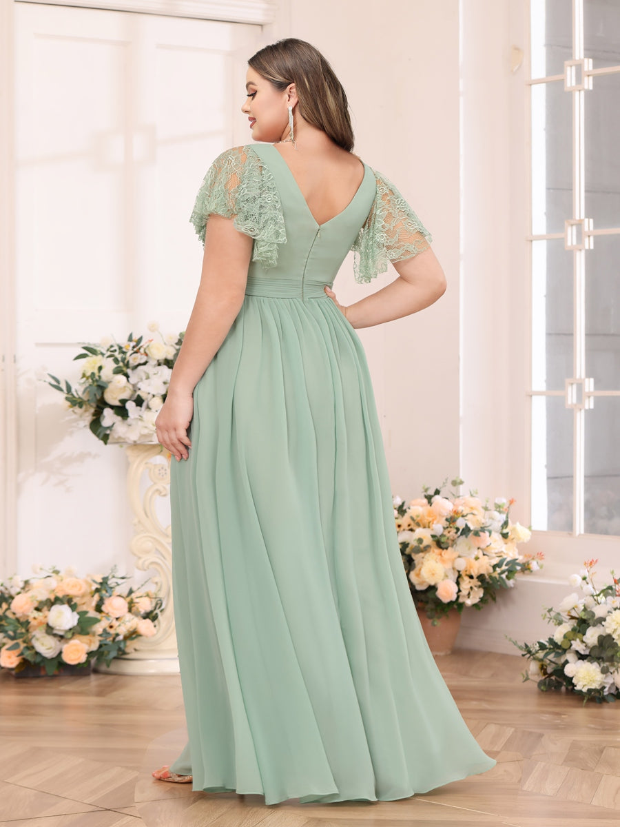 A-Line/Princess V-Neck Long Plus Size Wedding Party Dresses with Split Side & Pockets - 画像 (2)