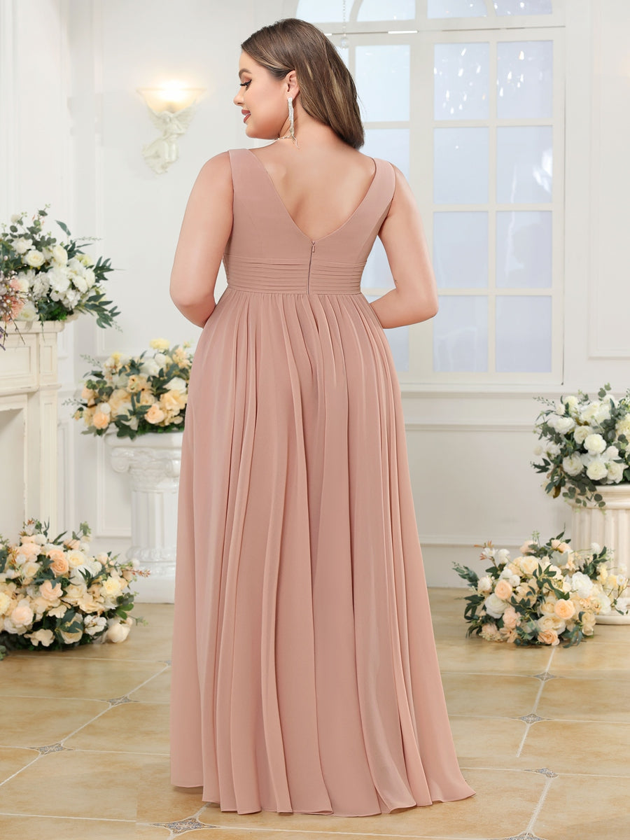A-Line/Princess V-Neck Long Plus Size Wedding Party Dresses with Split Side & Pockets - Image 2