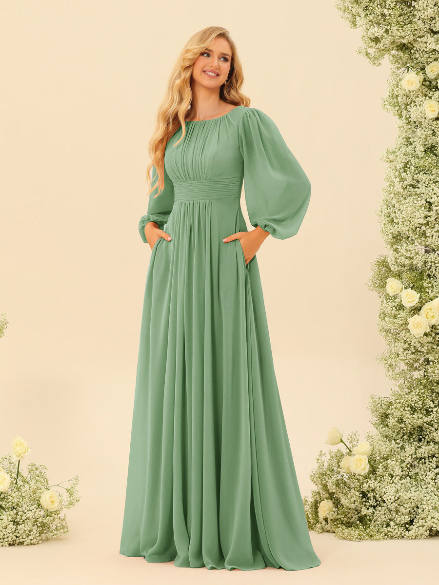 A-Line/Princess Floor-Length Long Sleeves Bridesmaid Dresses With Sash - Image 37