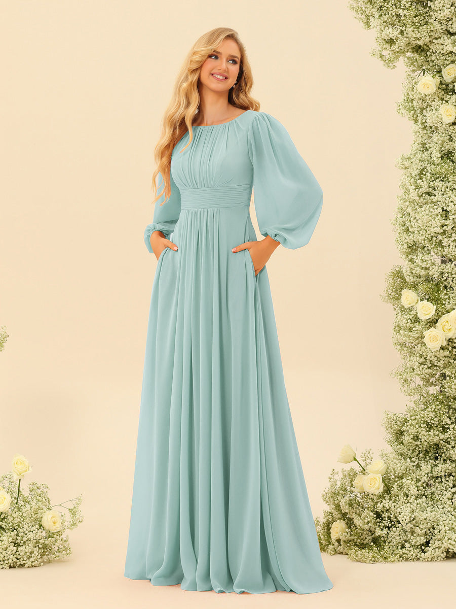 A-Line/Princess Floor-Length Long Sleeves Bridesmaid Dresses With Sash - Image 59