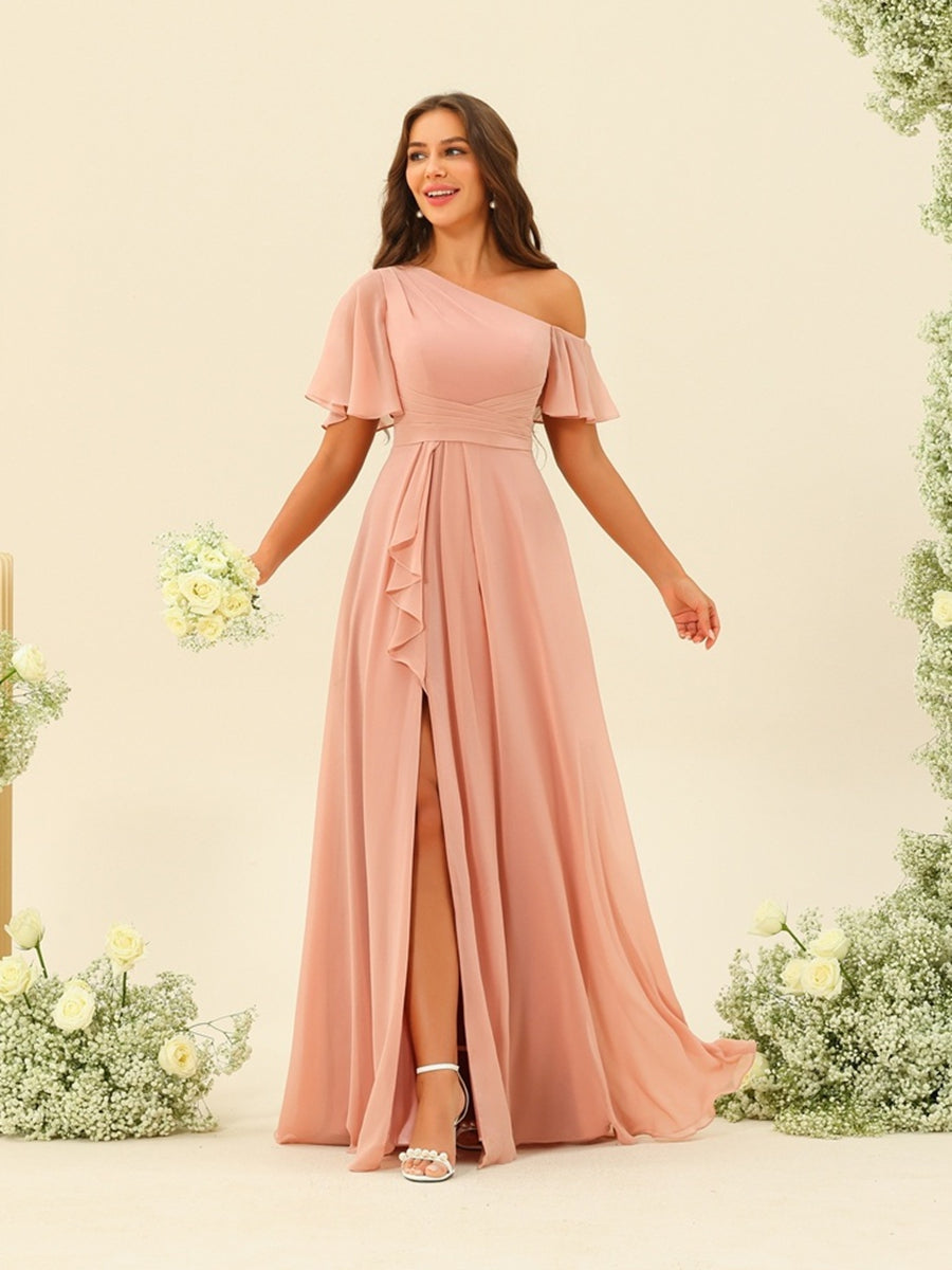 A-Line/Princess One-Shoulder Floor-Length Split Side Bridesmaid Dresses - 画像 (3)