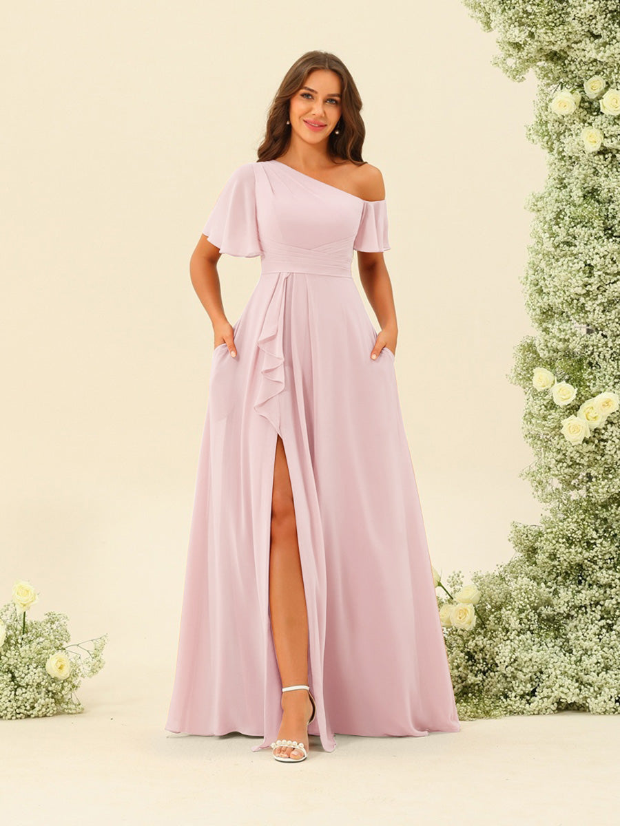 A-Line/Princess One-Shoulder Floor-Length Split Side Bridesmaid Dresses - 画像 (37)