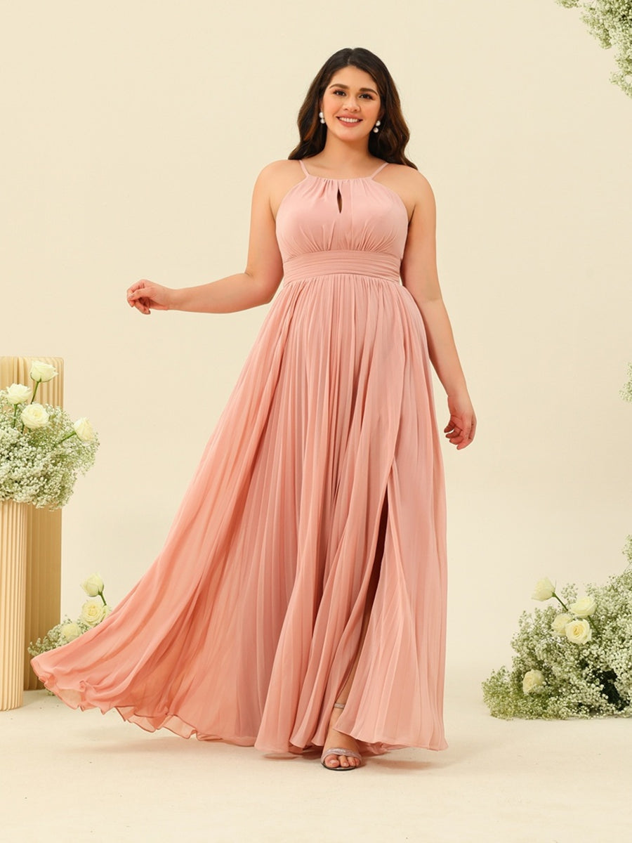 A-Line/Princess Halter Sleeveless Long Bridesmaid Dresses with Split Side & Ruffles - 이미지 5