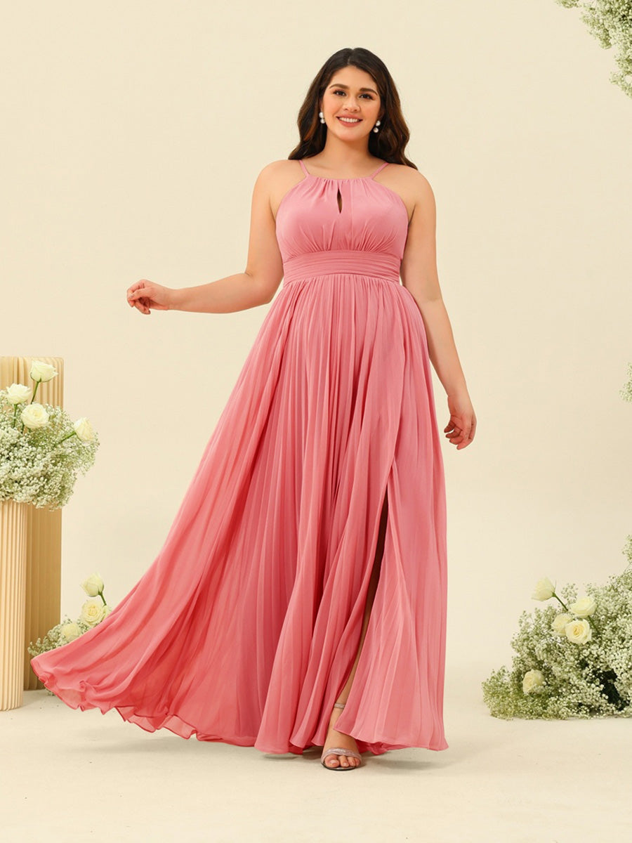 A-Line/Princess Halter Plus Size Long Bridesmaid Dresses with Split Side & Ruffles - 이미지 13