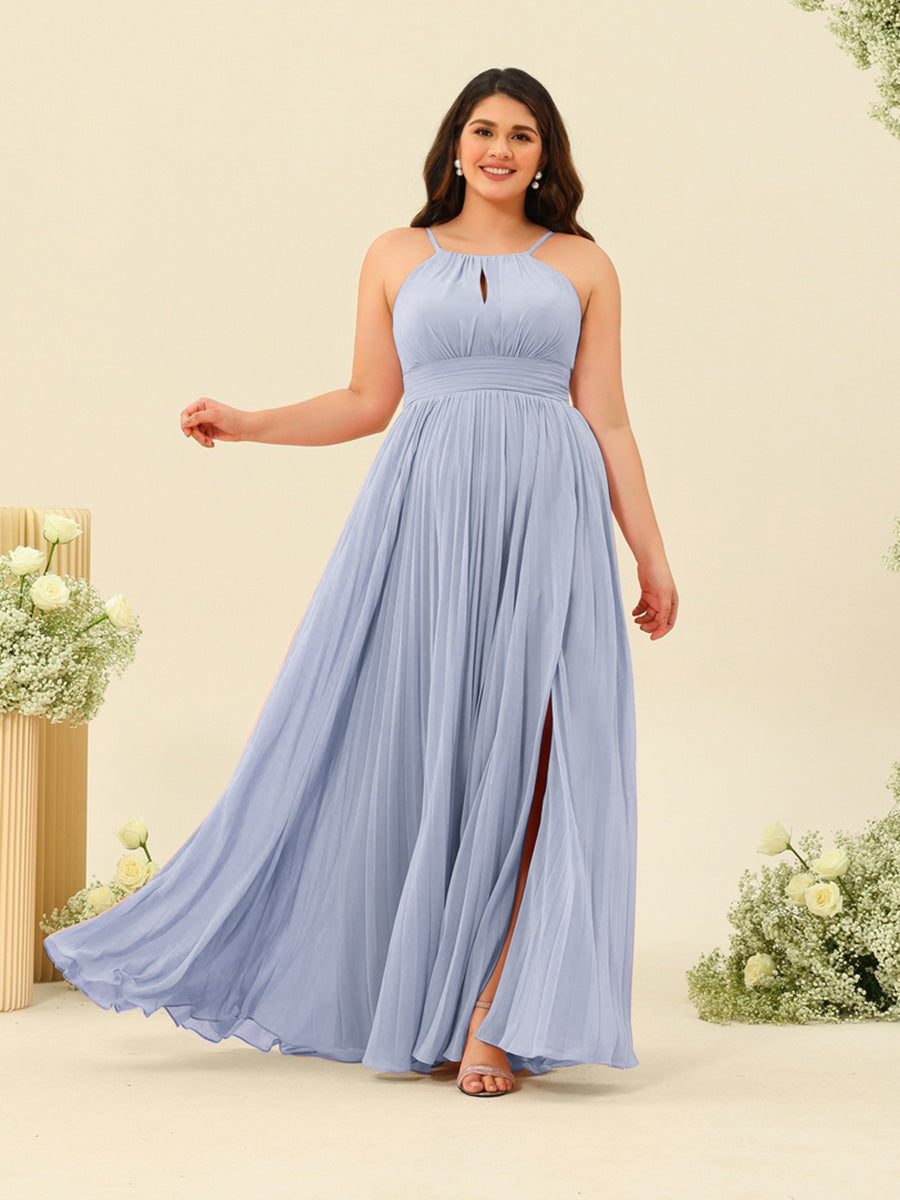 A-Line/Princess Halter Plus Size Long Bridesmaid Dresses with Split Side & Ruffles - 이미지 30