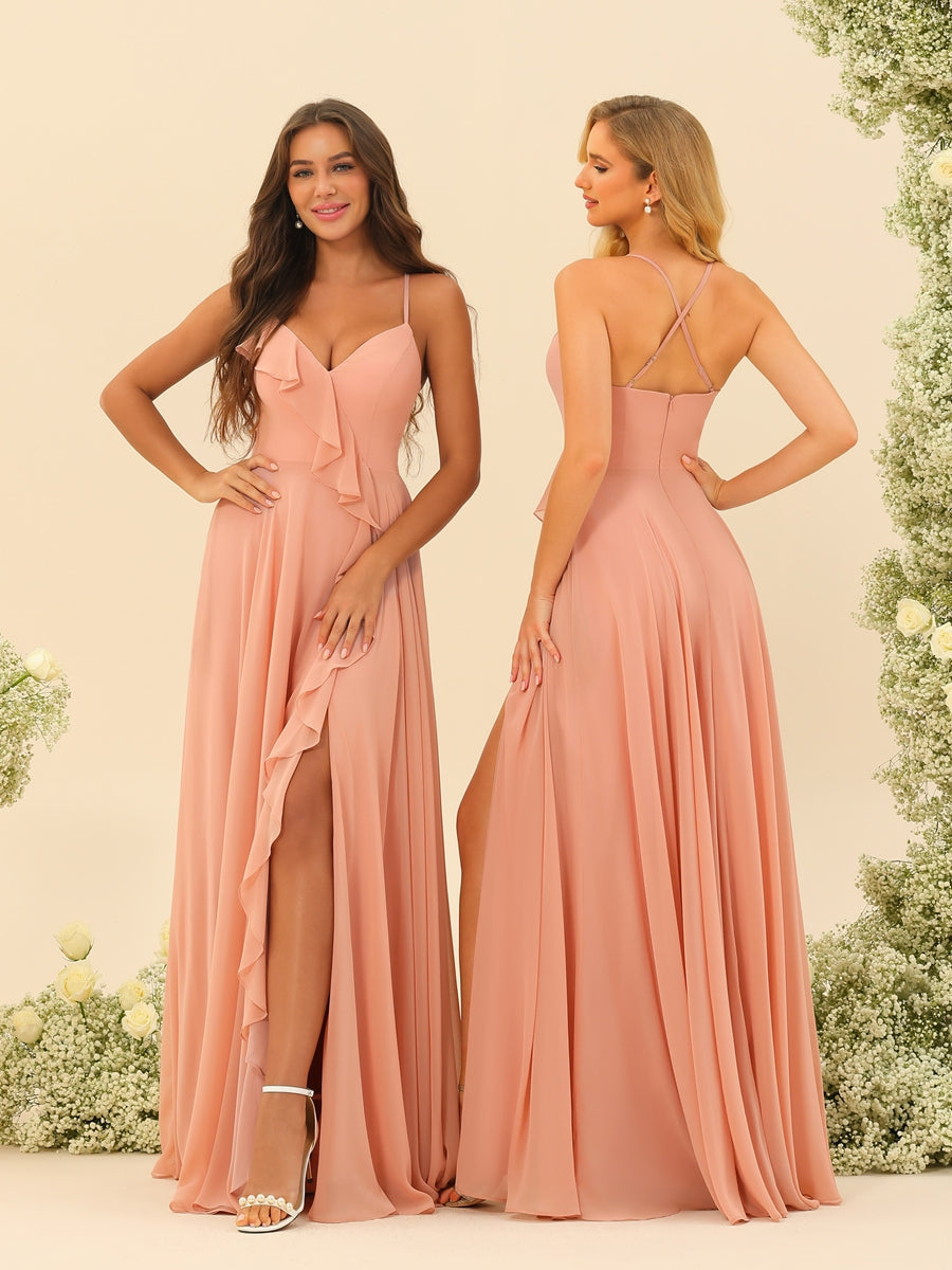 A-Line/Princess Spaghetti Straps V-Neck Long Bridesmaid Dresses with Split Side & Ruffles - Image 2
