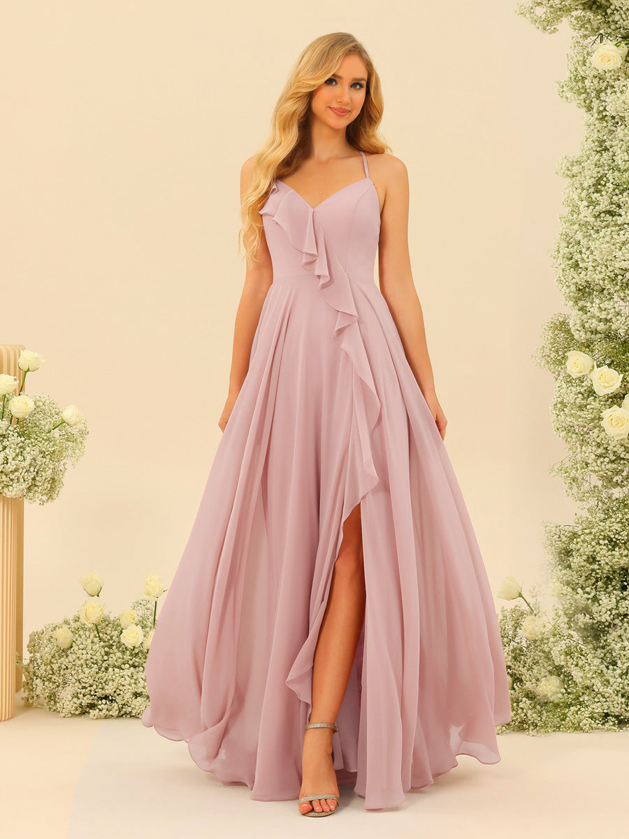 A-Line/Princess Spaghetti Straps V-Neck Long Bridesmaid Dresses with Split Side & Ruffles - Image 22