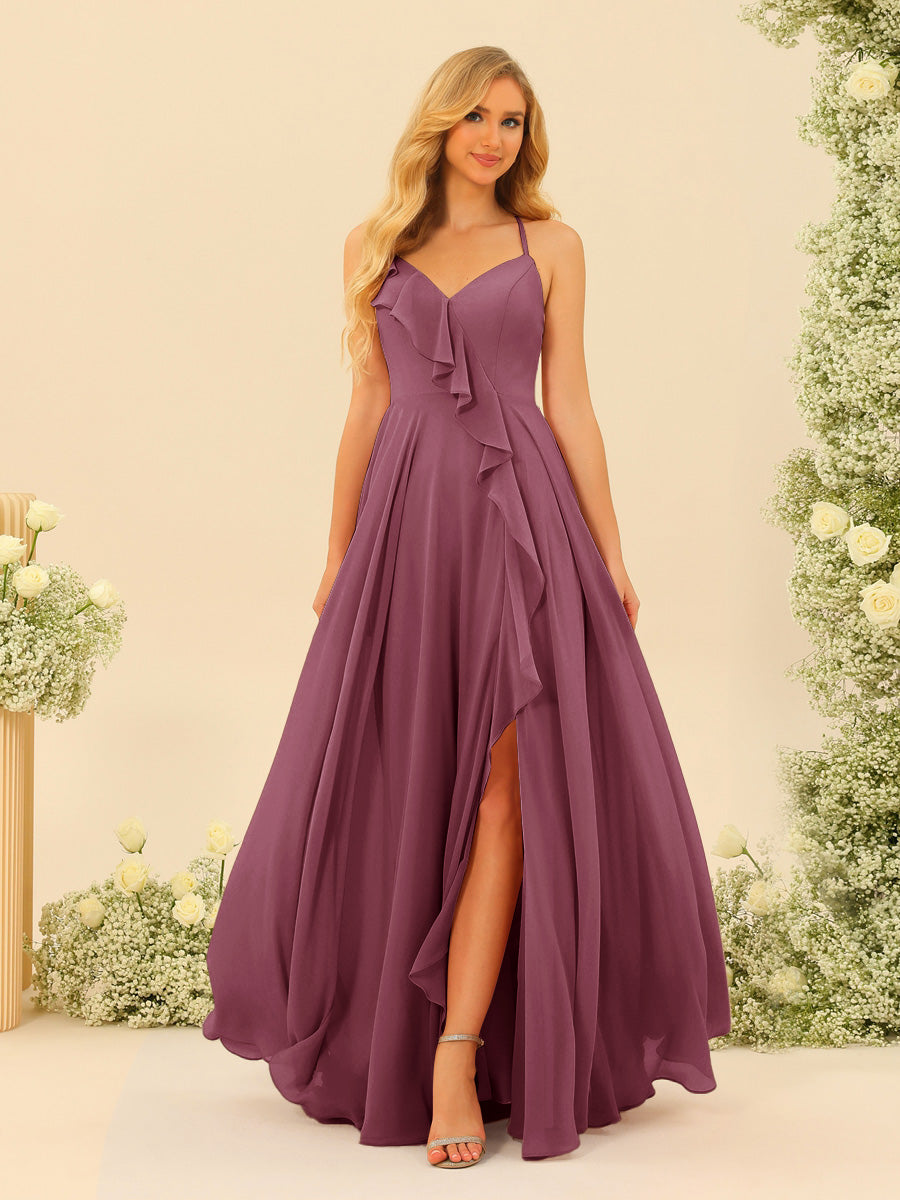 A-Line/Princess Spaghetti Straps V-Neck Long Bridesmaid Dresses with Split Side & Ruffles - Image 46