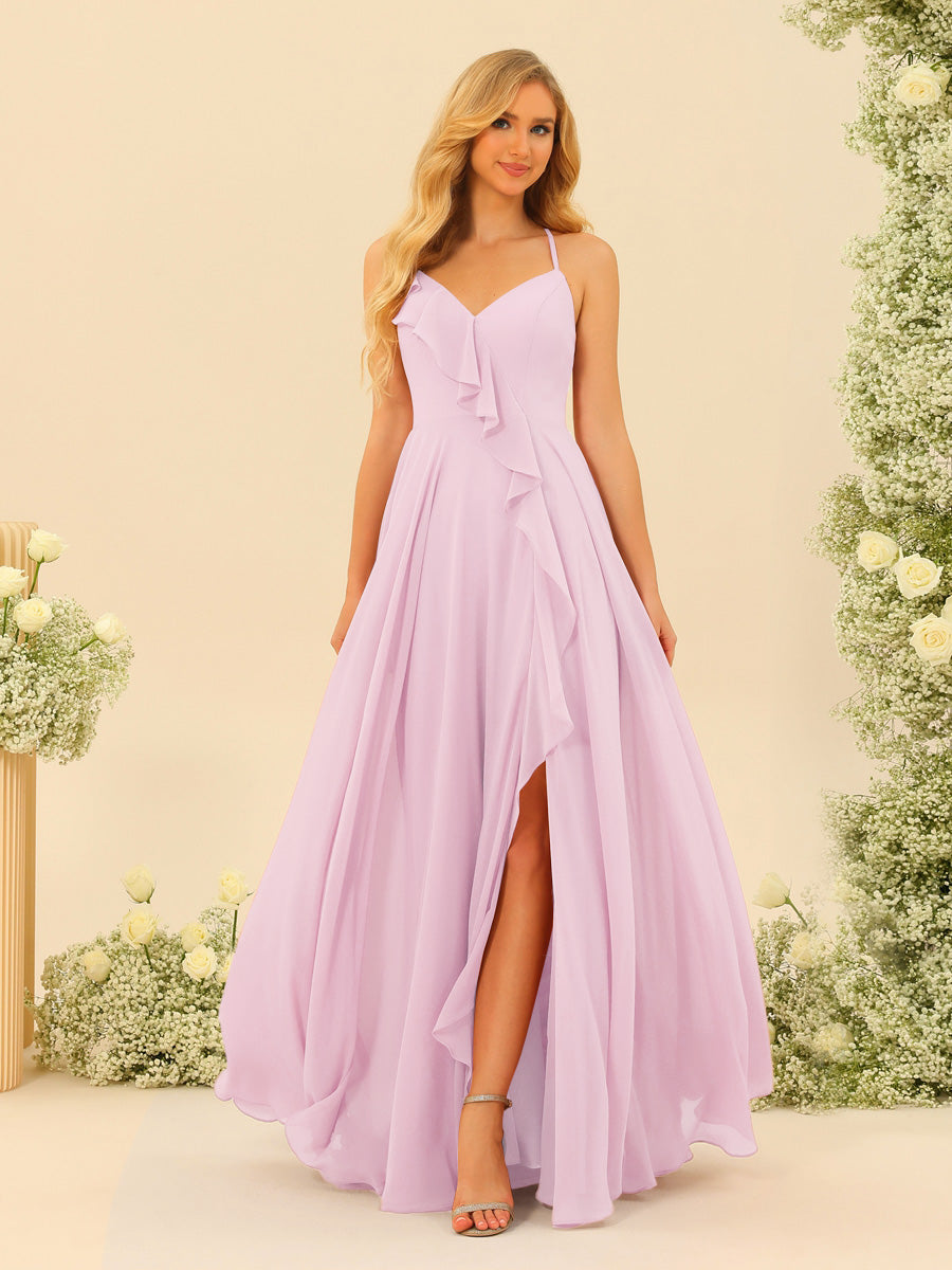 A-Line/Princess Spaghetti Straps V-Neck Long Bridesmaid Dresses with Split Side & Ruffles - Image 57