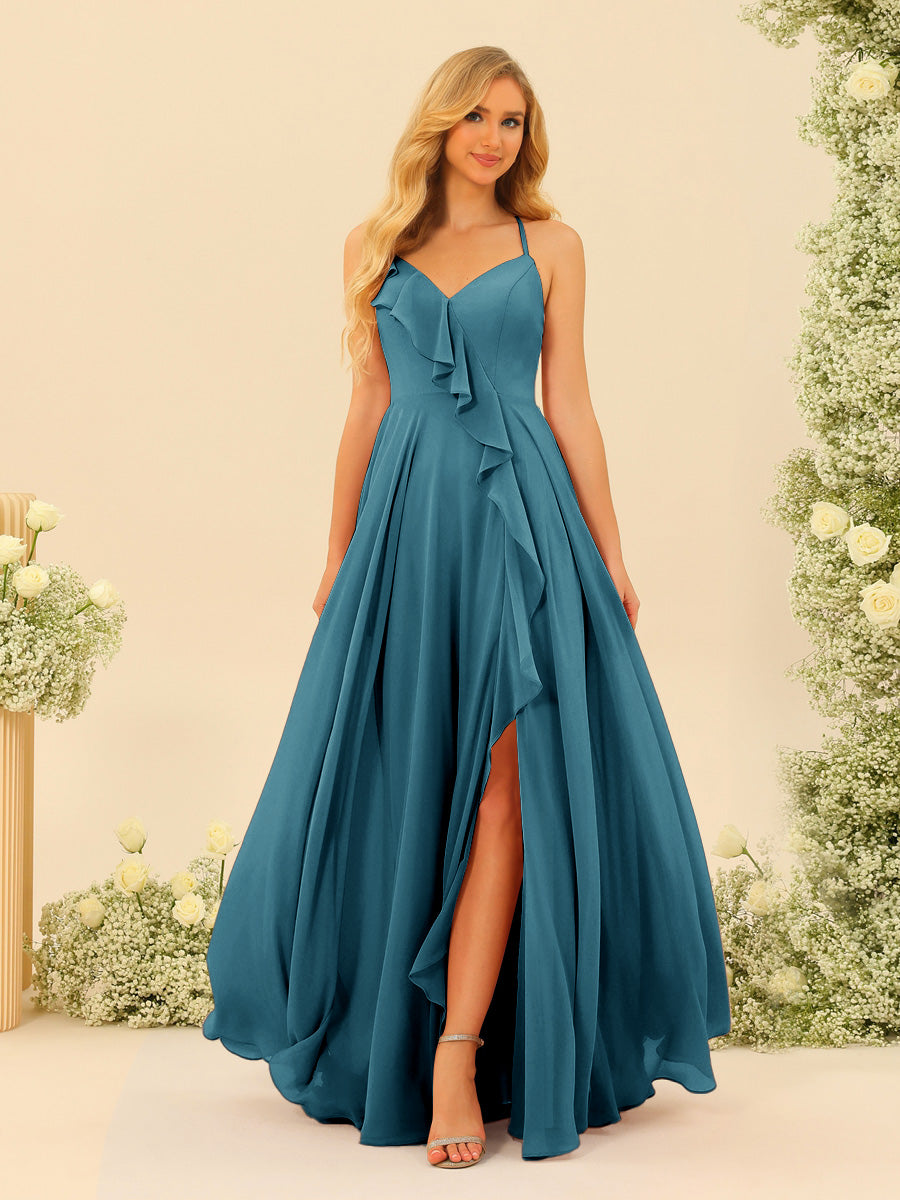 A-Line/Princess Spaghetti Straps V-Neck Long Bridesmaid Dresses with Split Side & Ruffles - Image 72