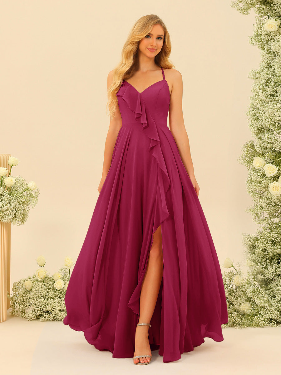 A-Line/Princess Spaghetti Straps V-Neck Long Bridesmaid Dresses with Split Side & Ruffles - Image 75