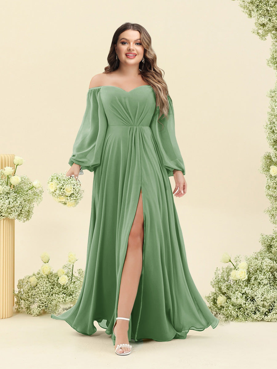 A-Line/Princess Sweetheart Floor-Length Long Plus Size Bridesmaid Dresses with Split Side & Ruffles - 画像 (18)